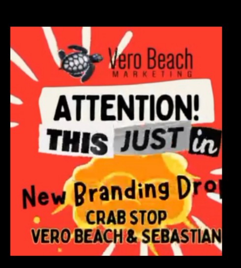 A bold, eye-catching graphic announcing the new branding drop for Crab Stop, Vero Beach & Sebastian.