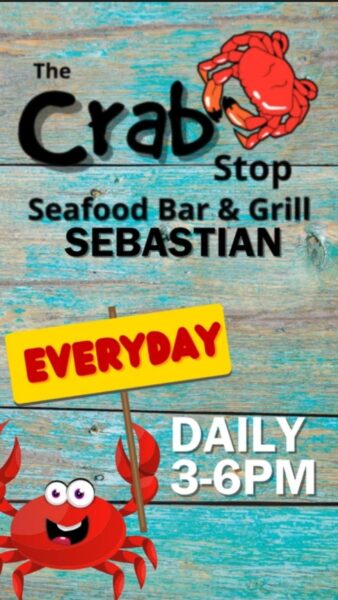 A vibrant seafood restaurant sign featuring a crab, colorful wooden background, and happy hour details.